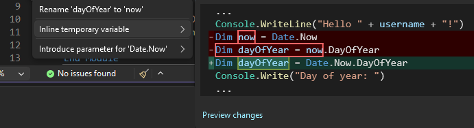 Screenshot showing the Inline temporary variable suggestion in Visual Studio.